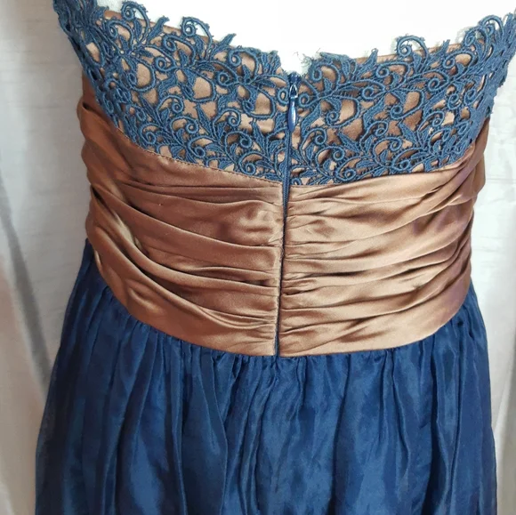 Silk Nicole Farhi Ballgown Navy Blue & Bronze full skirt Strapless bodice UK 14 - Picture 8 of 12